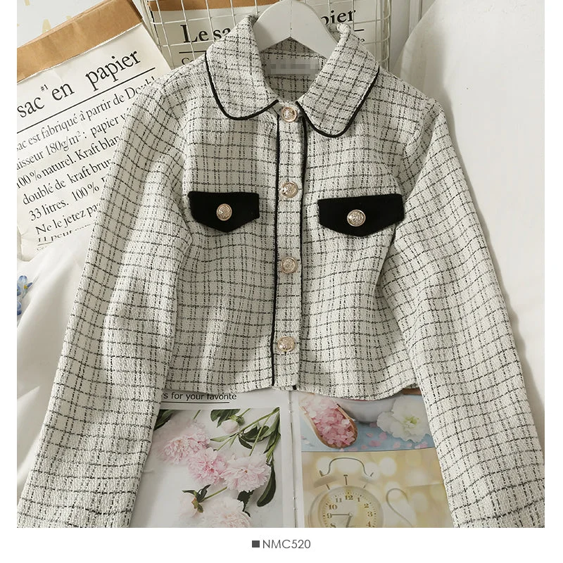 French small Plaid loose Lapel long sleeve small shirt top  2102 Polka Dot Checkered Tartan