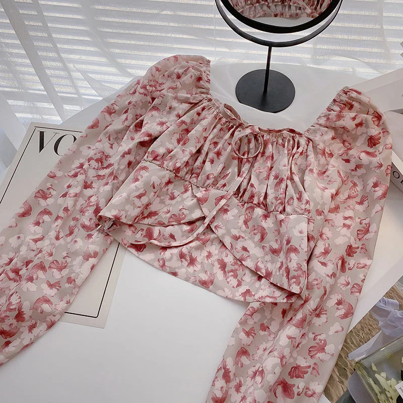 French Vintage Floral square collar collarbone shirt  6300 Handmade Hand-knitted Hand-woven