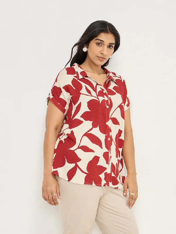 Gia Red Floral Printed Shirt Hooded Caped Shawl Collar