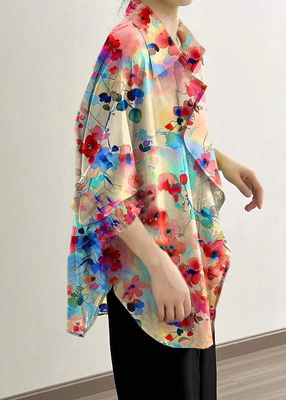 Italian Orange flowers Peter Pan Collar Ruffled Cotton Shirt Tops Early Fall Print Jacquard Patchwork