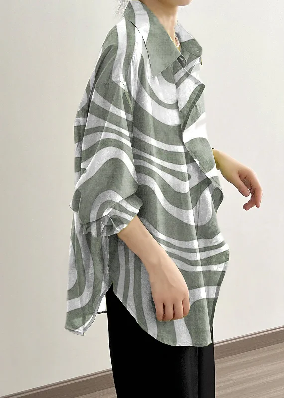 Italian Green texture Peter Pan Collar Ruffled Cotton Shirt Tops Early Fall Zippered Front Buttoned Front Snap Front