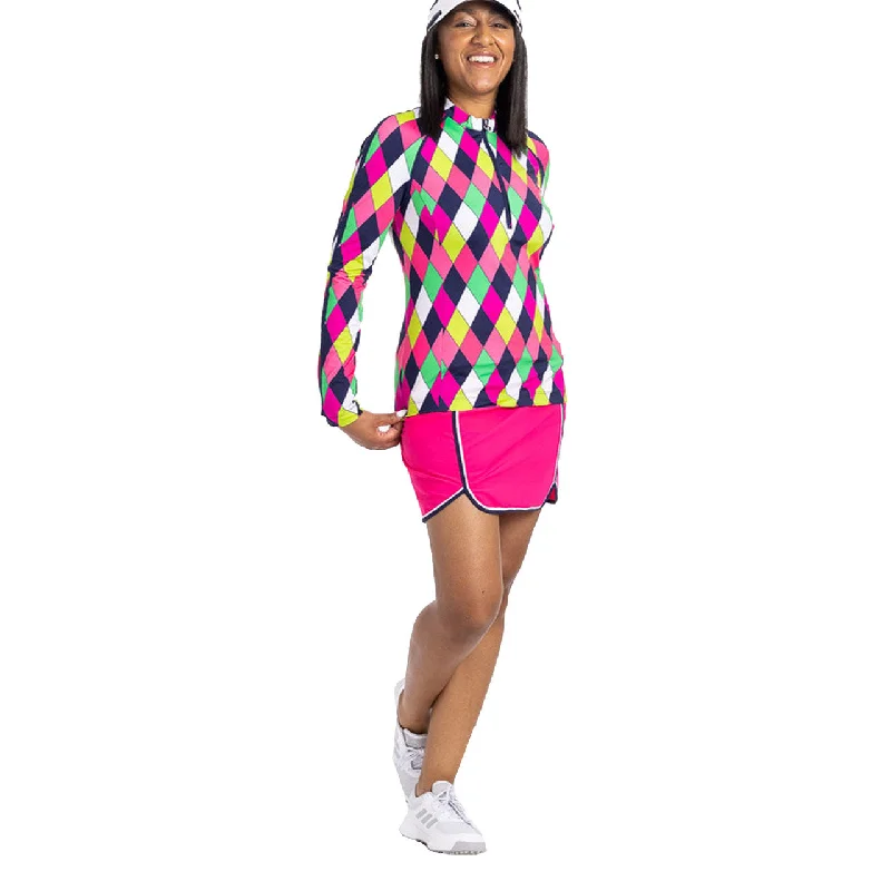 Kinona Under Over Modern Argyle Womens Long Sleeve Golf Shirt Seamless Knitted Crochet