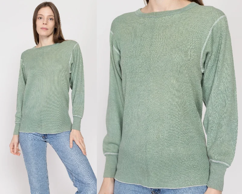 Large 80s Faded Sage Green Waffle Knit Thermal Shirt Unisex Fleece Fabric Down Fabric Feather Fabric