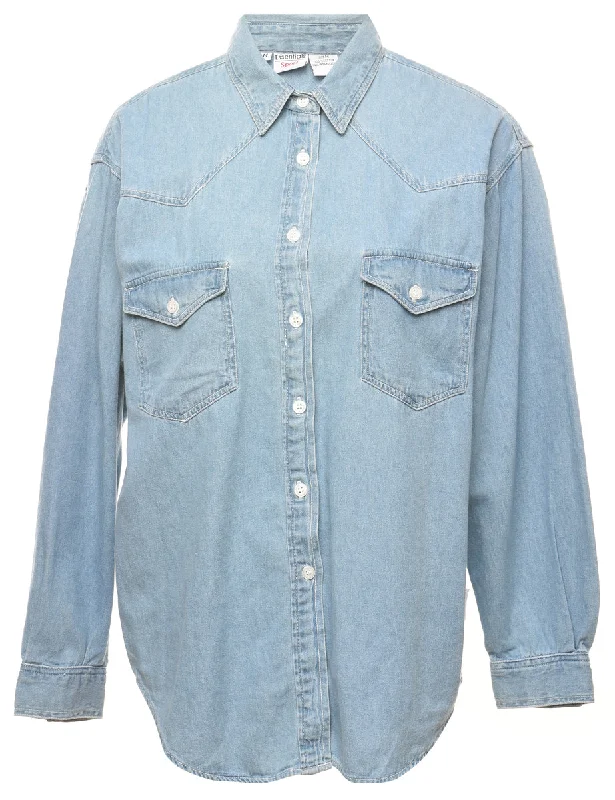 Light Wash Denim Shirt - M V-Neck T-Shirt Long Sleeve Cotton