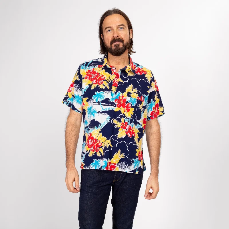 Med-Lrg 80s Hawaiian Floral Polo Aloha Shirt Notch Collar Peter Pan Collar Cowl Neck