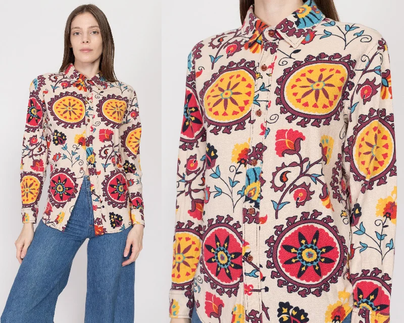 Medium 70s Psychedelic Floral Cotton Button Up Shirt Oversized T-Shirt Spandex breathable