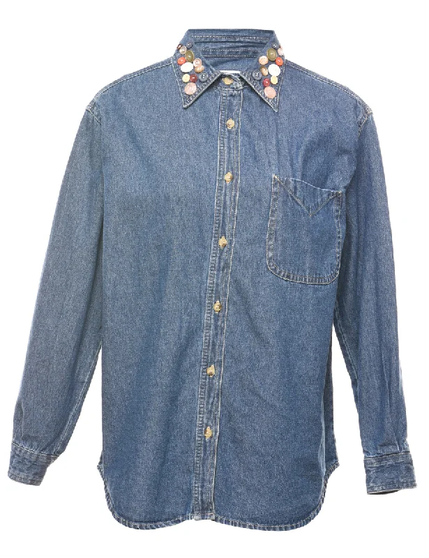 Medium Wash Denim Shirt - M Fitted T-Shirt Seamless Stretchy