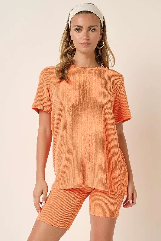 Orange Rib Knit T-Shirt And Biker Short Set Beaded Sequined Faux Fur