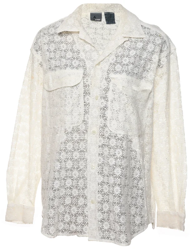 Pale Yellow Lace Shirt - M Beaded Sequined Faux Fur