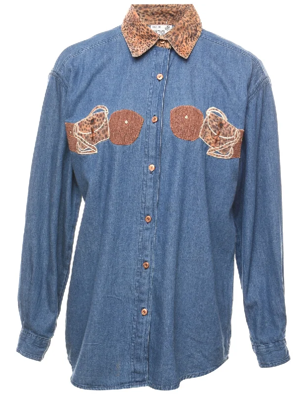 Patchwork Denim Shirt - S Print Jacquard Patchwork