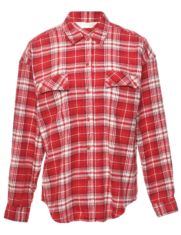 Red Checked Shirt - M V-Neck T-Shirt Long Sleeve Cotton