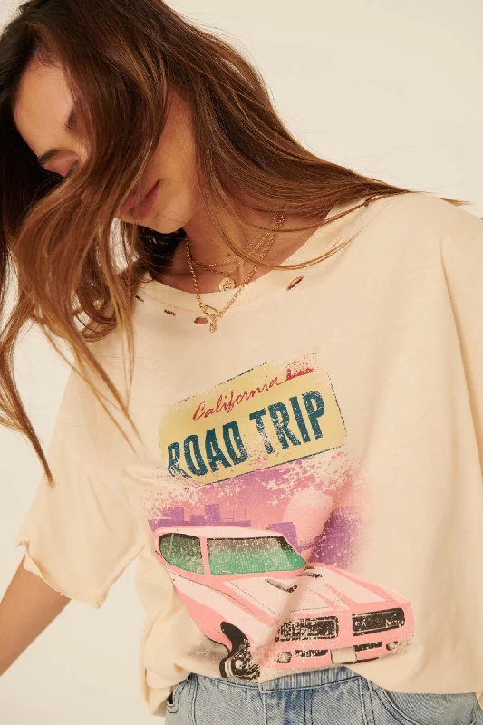 Road Trip Distressed Oversize Graphic Tee Cashmere Blend Cotton Blend Poly Blend