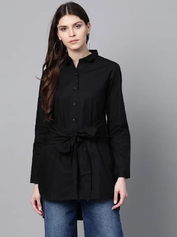 Black Front Tie Longline Shirt Hooded Caped Shawl Collar