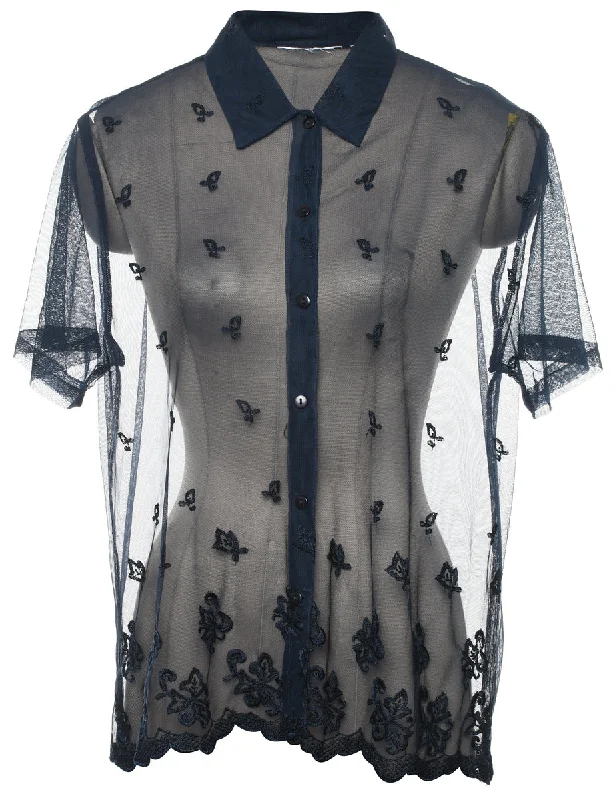Sheer Effect Navy Shirt - L Real Fur Shearling Chenille