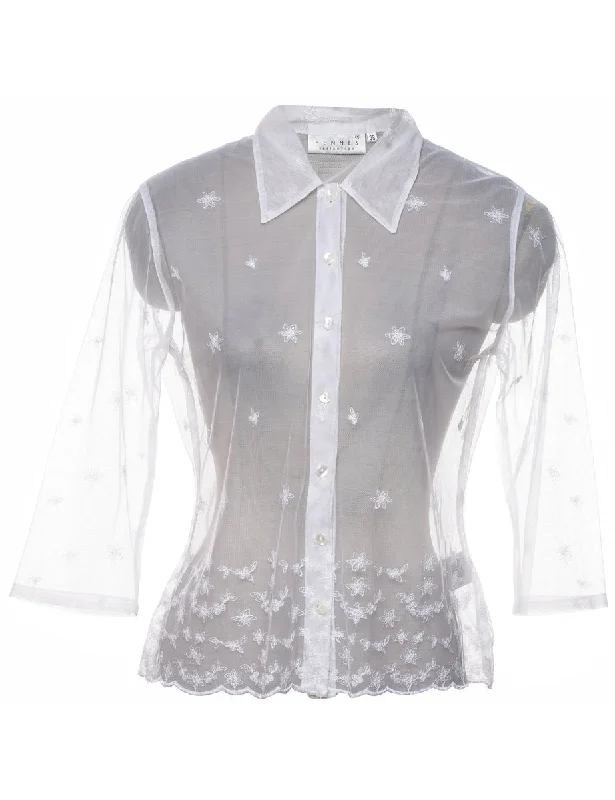 Sheer Effect White Shirt - M Silk Blend Satin Velvet