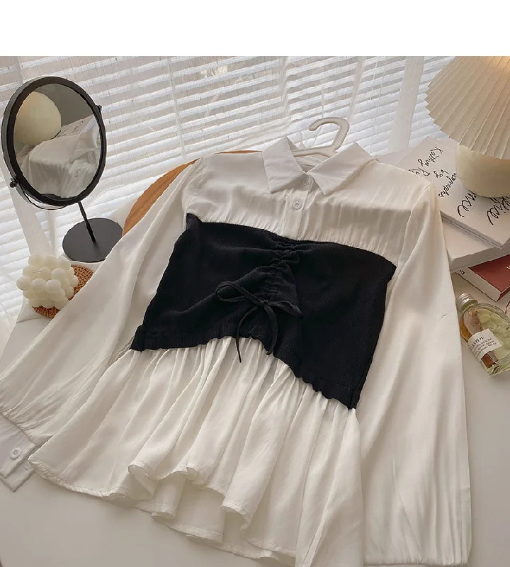 Shirt Female Minority design color matching drawstring fake two pieces  6287 Solid Print Embellished