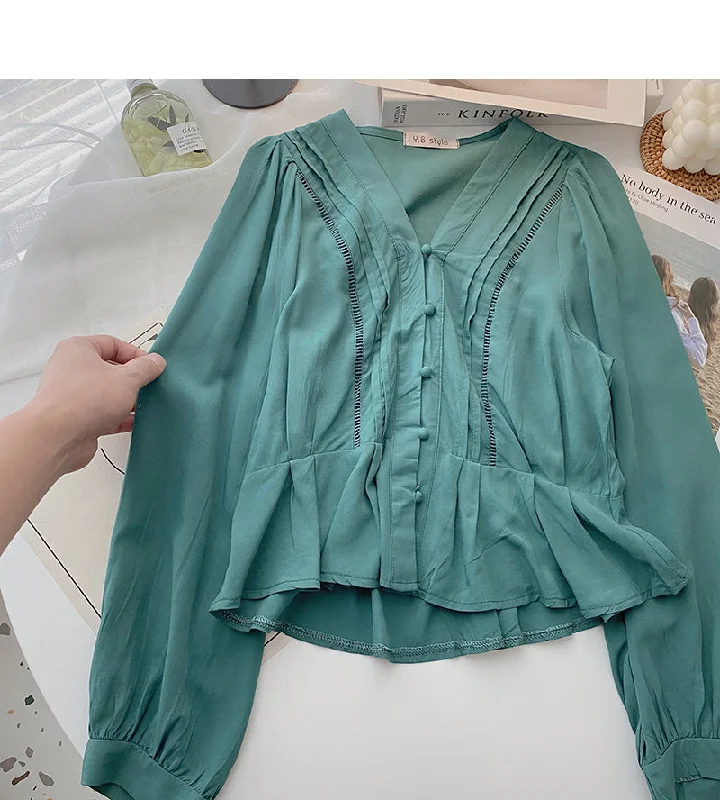 Shirt Female Minority design feeling thin V-Neck long sleeve top  6302 Rayon Velvet Corduroy