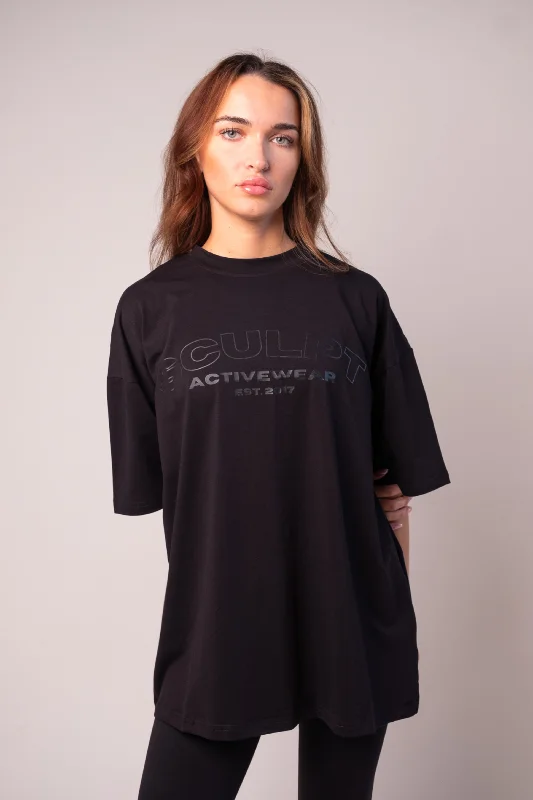 Signature Oversized Short Sleeve Logo T-Shirt Black Hooded Caped Shawl Collar