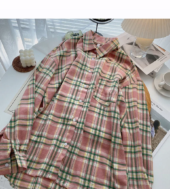 Slouchy Vintage Plaid Shirt Long Sleeve Top  6298 Graphic Embroidered Appliqued