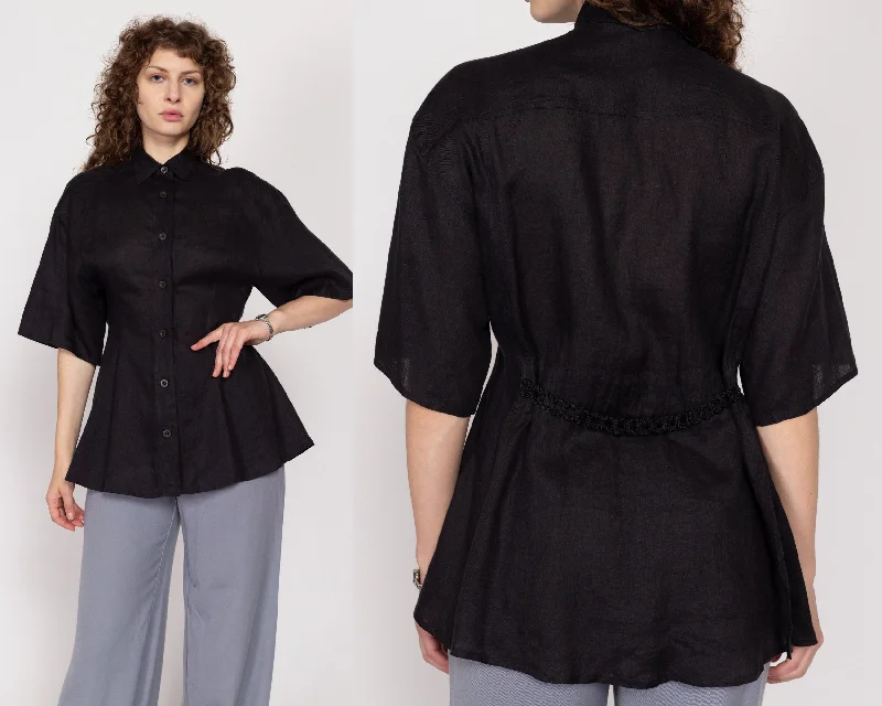 Small 90s Sportmax Black Linen Fitted Waist Shirt Terry Blend Velvet Blend Canvas Blend