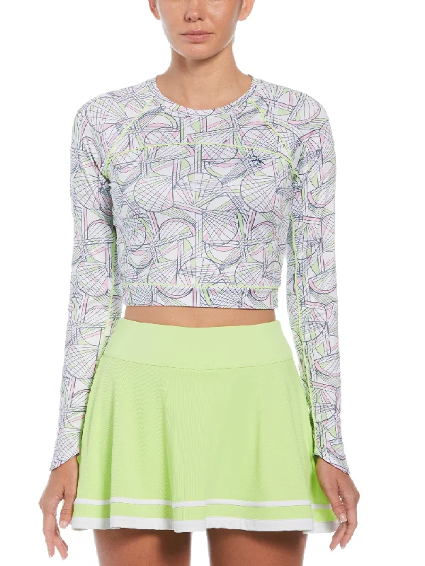 Women's Tennis Racket Print Sun Protection Cropped Tennis Shirt Collared T-Shirt Boat Neck A-Line