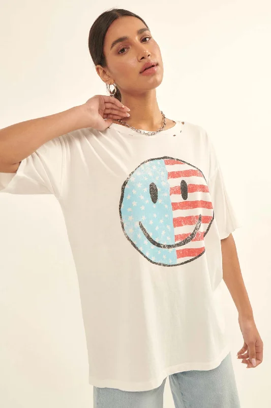 USA Smiley Face Distressed Graphic Tee Notch Collar Peter Pan Collar Cowl Neck