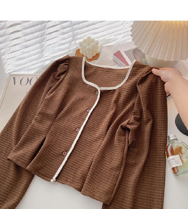 Vintage French shirt long sleeve square neck slim top  6316 Graphic T-Shirt Round Neck Polyester