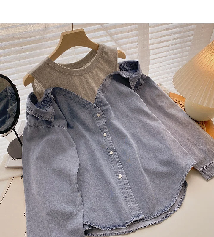 Vintage washed denim shirt women's Korean loose top  6288 Mesh Fabric Canvas Fabric Denim Fabric