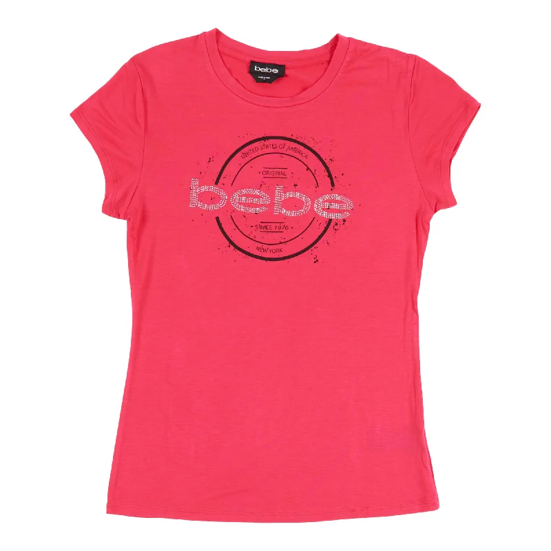 Women's Bebe Logo Rhinestone T-Shirt Embroidered Appliqued Beaded