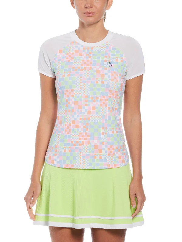 Women's Checkerboard Block Performance Short Sleeve Tennis T-Shirt Elegant Classic Vintage