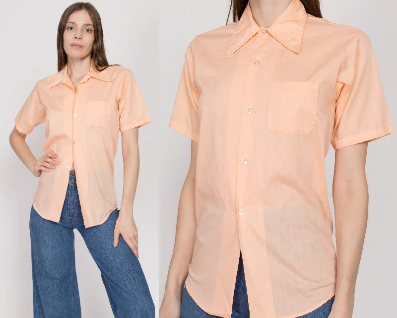 XS 70s Pastel Orange Short Sleeve Collared Shirt Asymmetrical Pockets Print