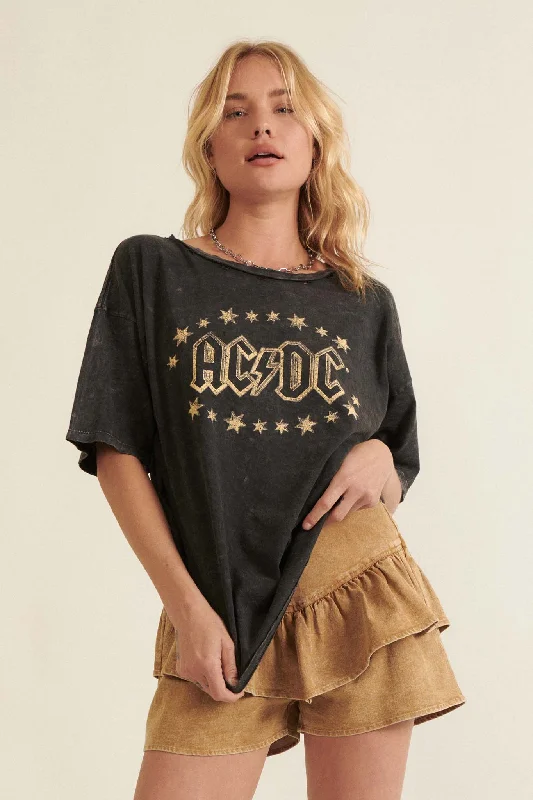 AC/DC Stars Logo Distressed Graphic Tee V-Neck T-Shirt Long Sleeve Cotton