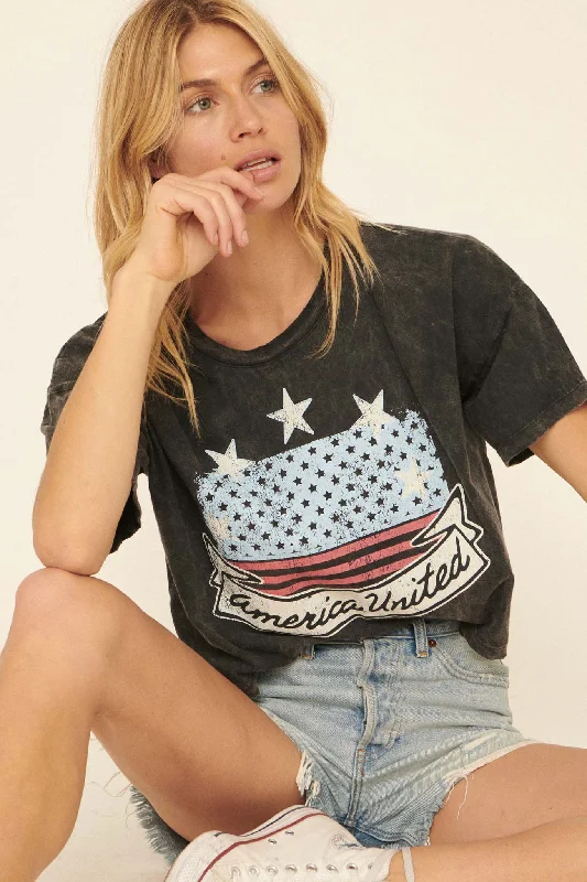 America United Vintage-Wash Cropped Graphic Tee Hooded Caped Shawl Collar