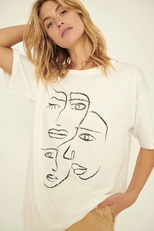 Art Faces Oversize Distressed Graphic Tee Fleece Nylon Spandex