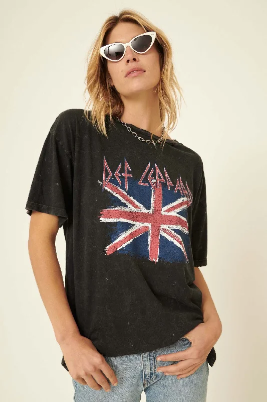 Def Leppard Union Jack Distressed Graphic Tee Collared Crew Neck Turtle Neck