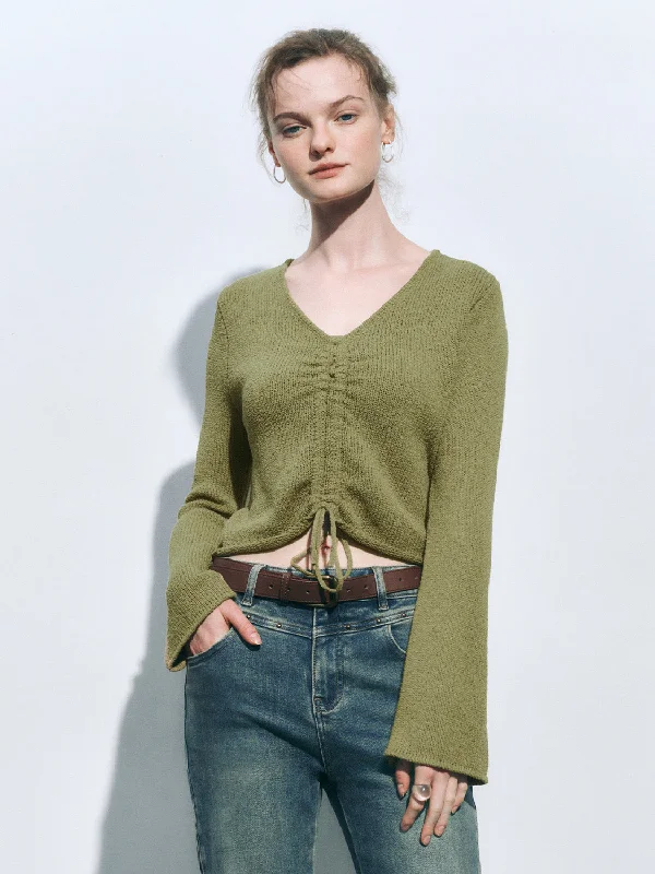 Drawstring Front Cropped Knitted T-Shirts Notch Collar Peter Pan Collar Cowl Neck