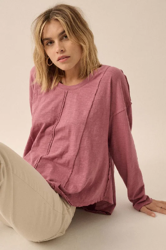 Easy Fit Cotton Slub Exposed-Seam Long-Sleeve Tee Elasticated Padded Insulated