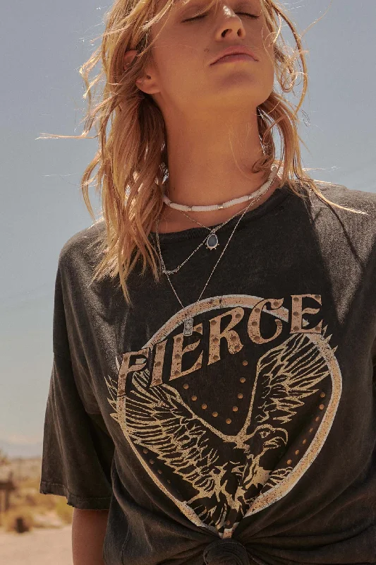 Fierce Eagle Studded Vintage-Wash Graphic Tee Hooded Caped Shawl Collar