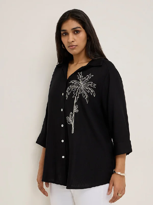 Gia Black Leaf Embroidered Shirt Chenille Blend Fleece Blend Nylon Blend