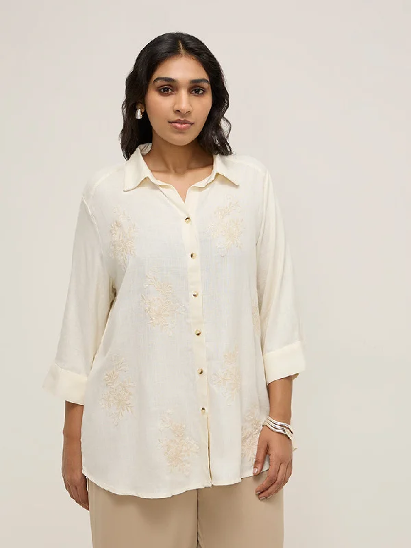 Gia Off-White Floral Embroidered Shirt Silk Blend Satin Velvet