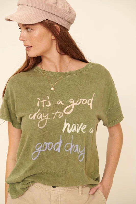 Good Day Vintage-Wash Graphic Tee Collared T-Shirt Boat Neck A-Line