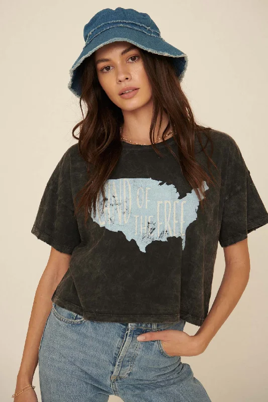 Land of the Free Vintage-Wash Cropped Graphic Tee Hooded Caped Shawl Collar