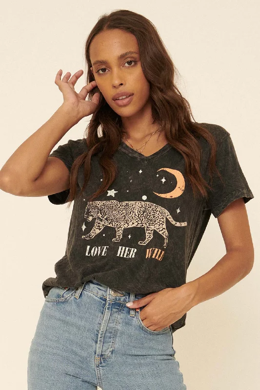 Love Her Wild Vintage-Wash Graphic Tee Basic T-Shirt Crew Neck Short Sleeve