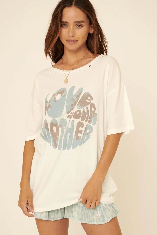 Love Your Mother Distressed Graphic Tee Chenille Blend Fleece Blend Nylon Blend