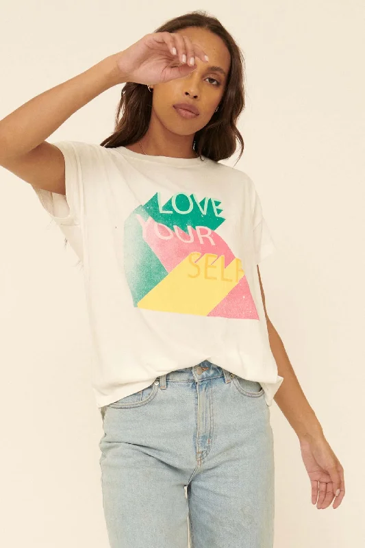 Love Your Self Vintage-Print Graphic Tee V-Neck T-Shirt Long Sleeve Cotton