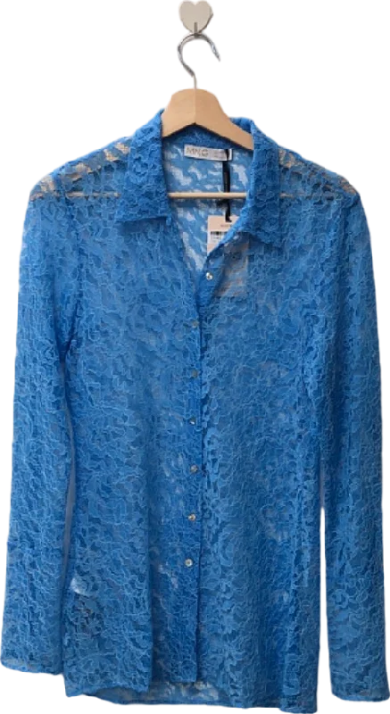 Mango Blue Lace Button-Down Shirt UK S Fitted T-Shirt Seamless Stretchy