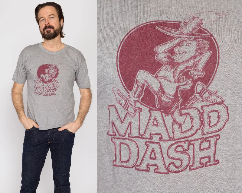 Med-Lrg 80s "Madd Dash" Marathon T Shirt Asymmetrical Pockets Print