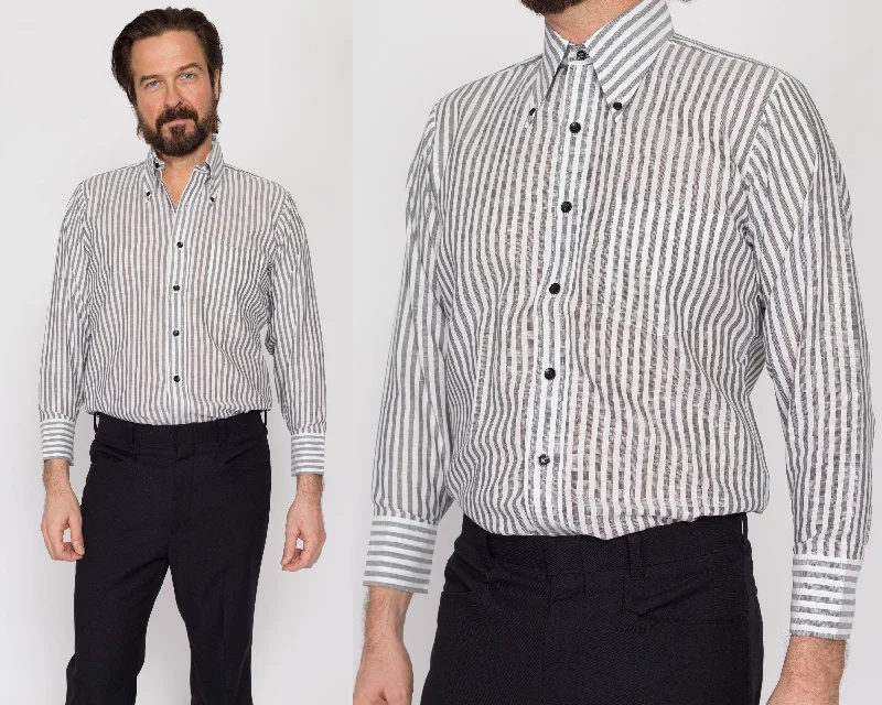 Medium 70s Grey & White Striped Collared Shirt Boxy Fit Fitted Loose