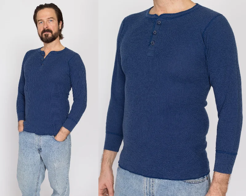 Medium 80s Navy Blue Waffle Knit Henley Shirt Collared Crew Neck Turtle Neck