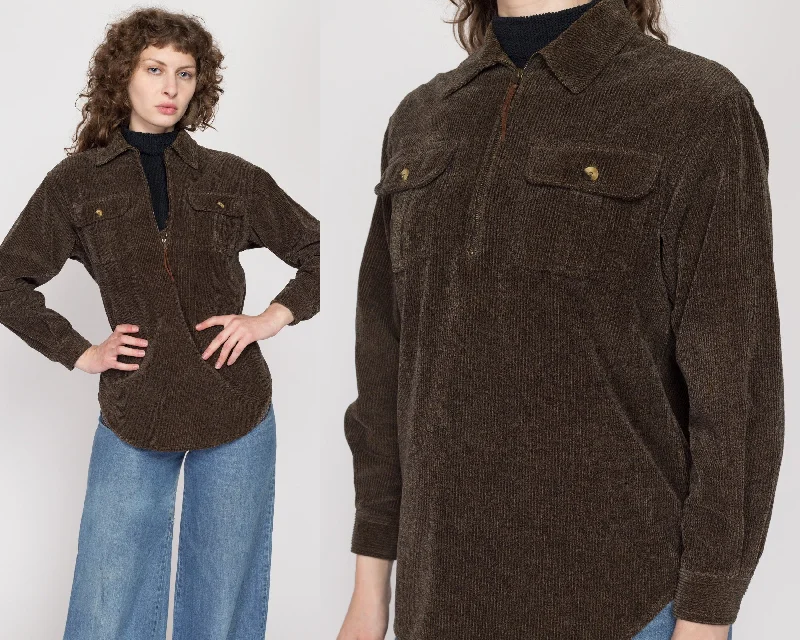 Petite Medium 90s Dark Olive Corduroy Zip Up Shirt Cozy Warm Stylish